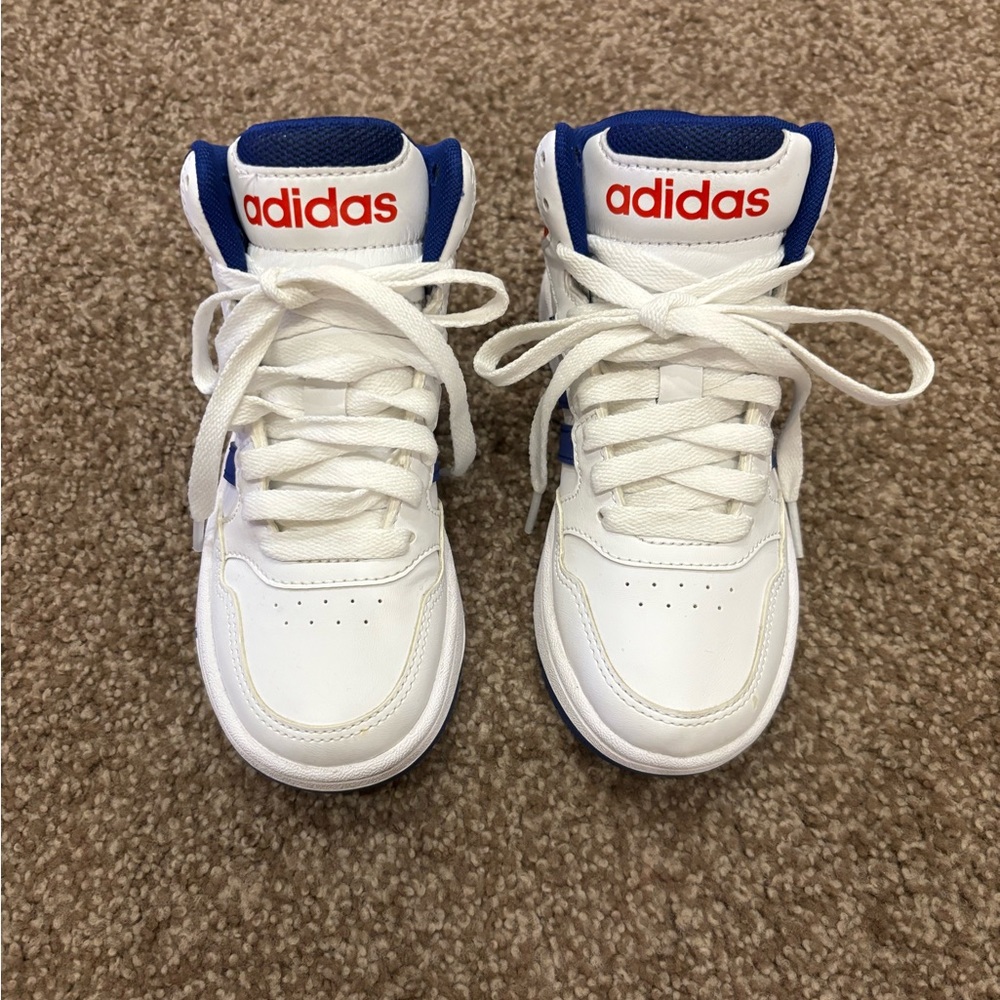 Adidas Kids Sneakers in White and Blue with Red Accents